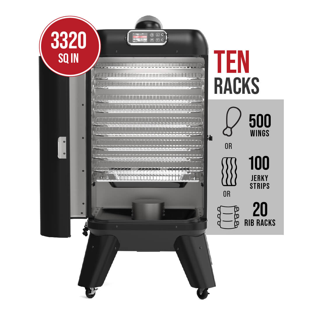 Capacity of the new grilla mammoth vertical pellet smoker = 500 wings or 100 jerky strips or, 20 rib racks all fit perfectly in the new grilla mammoth vertical pellet smoker